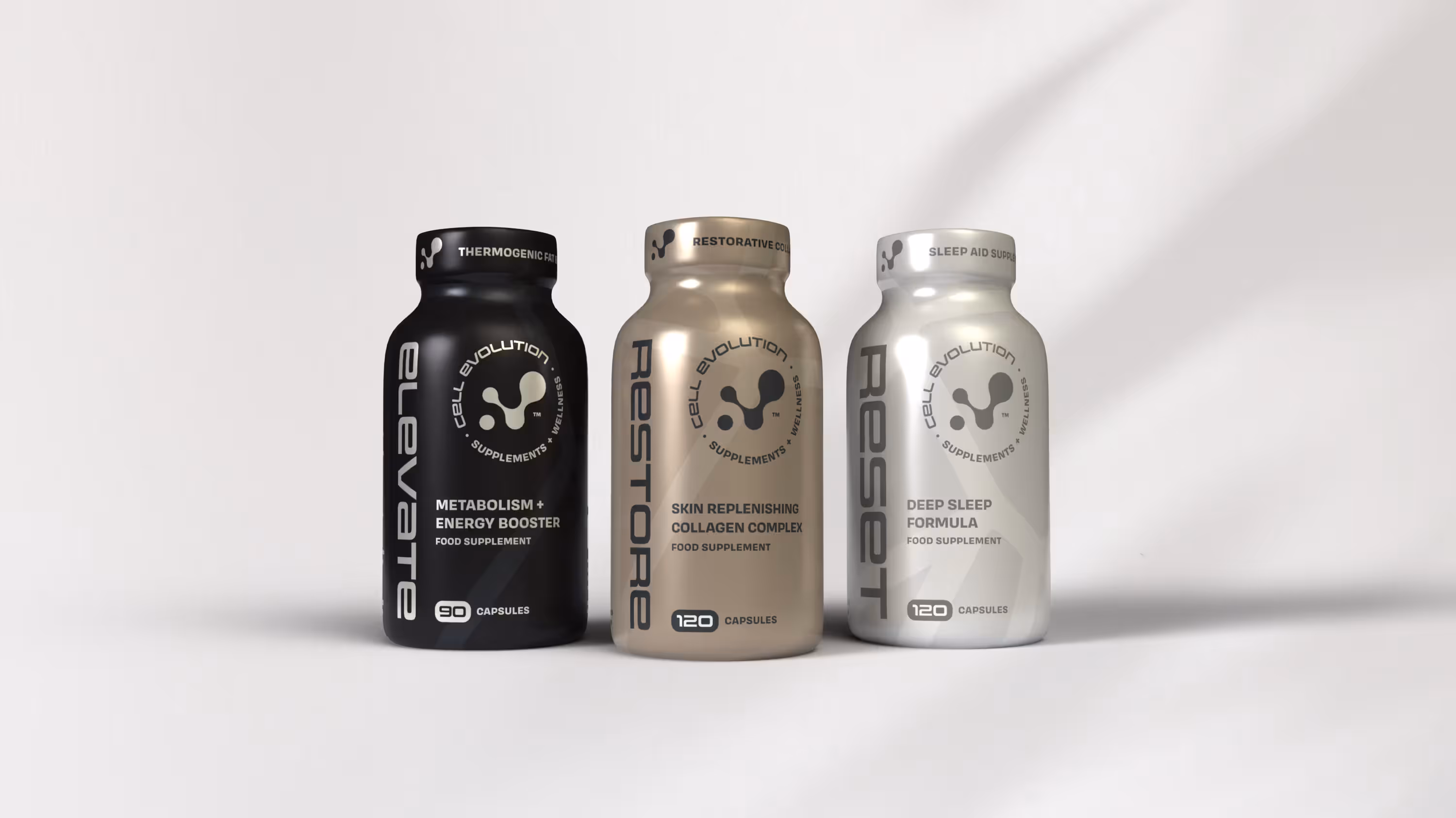 Branding, packaging and website design for the face of a new supplement brand — Elevate_Restore_Reset_Mockup.jpg.avif