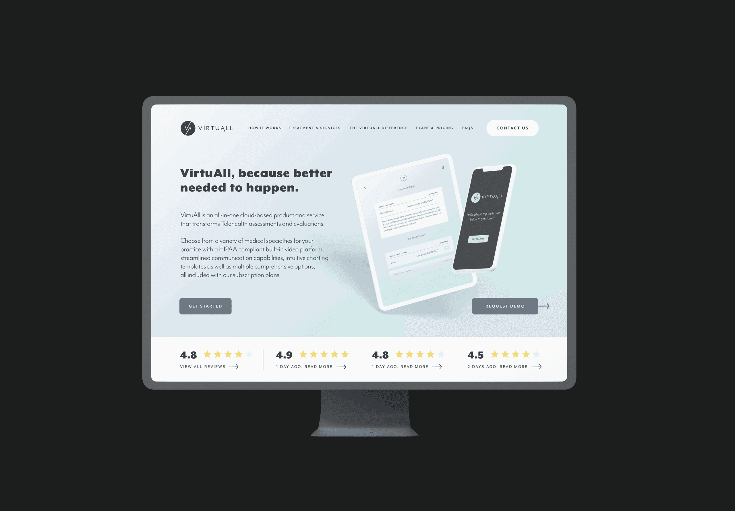 Clean and contemporary brand design for health tech startup, VirtuAll — hero
