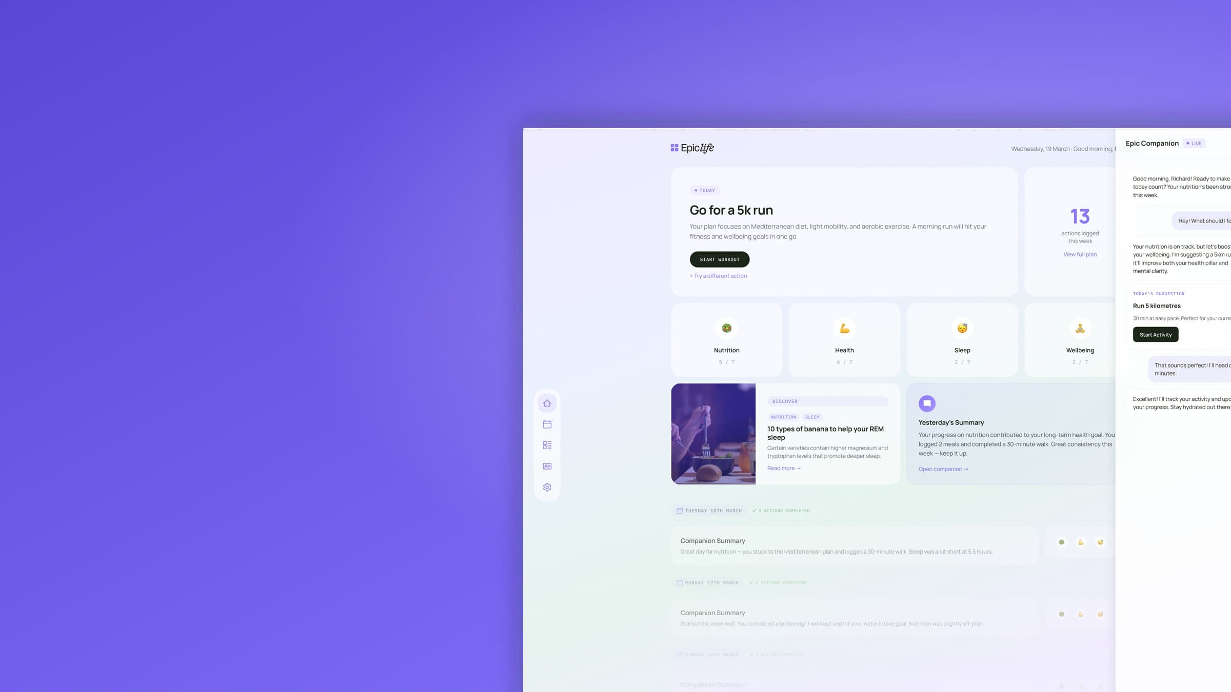 The Epic Life app dashboard with the Epic Companion chat open, on the brand purple