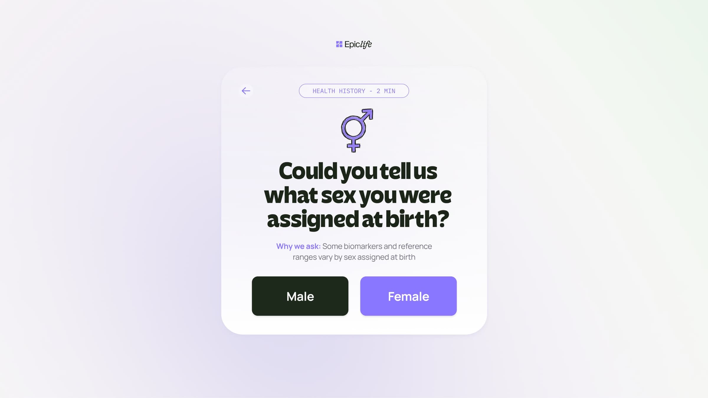 Epic Life onboarding health basics question: "Could you tell us what sex you were assigned at birth?" with a short "why we ask" note