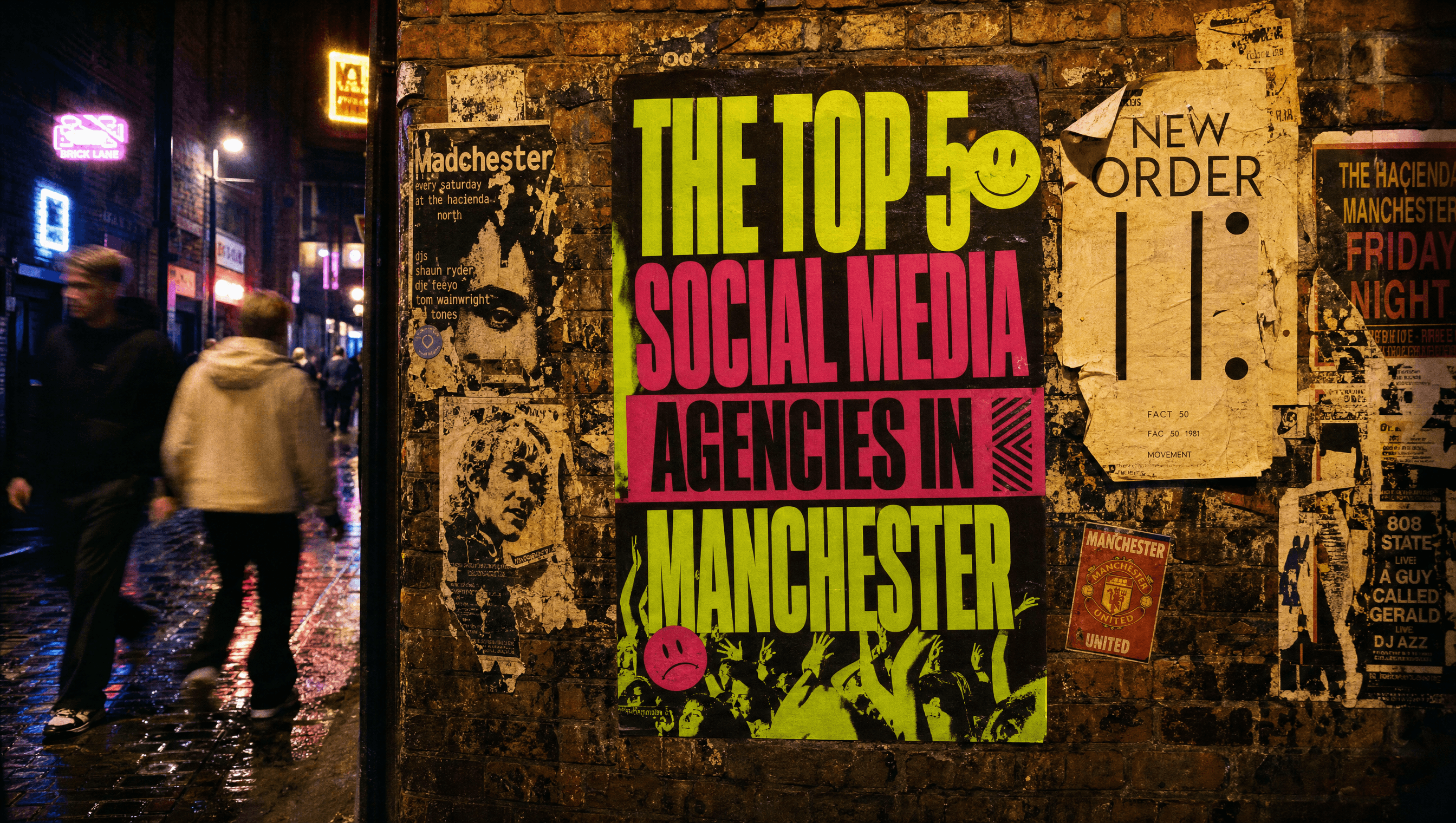 The top 5 social media agencies in Manchester — Madchester night poster with New Order vibes