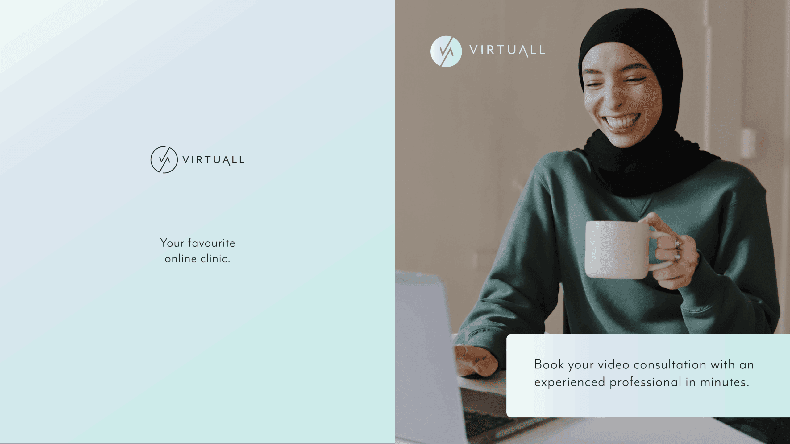 Clean and contemporary brand design for health tech startup, VirtuAll — hero