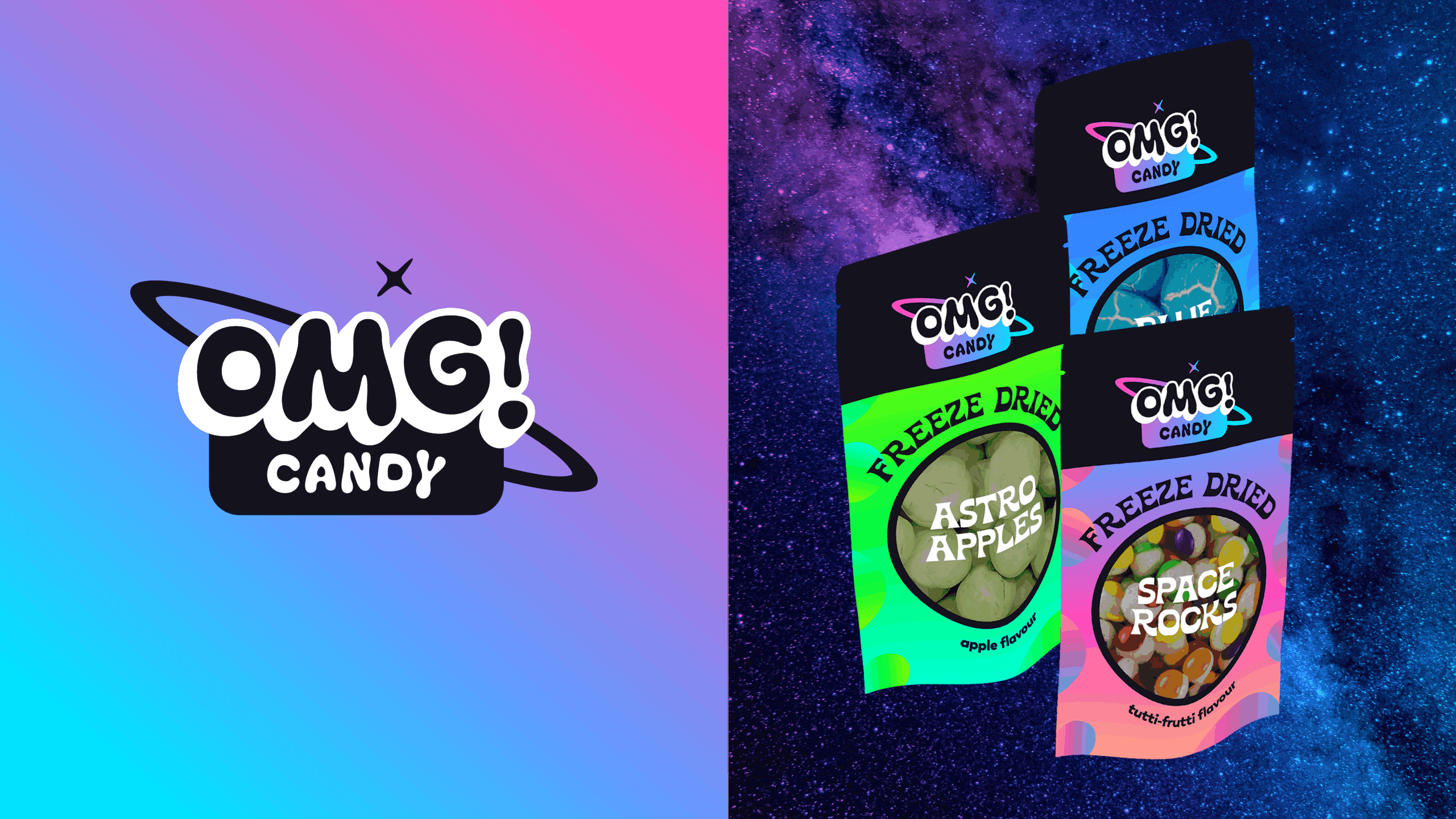 Discover how OMG! Candy launched a bold freeze dried sweets brand with playful space-themed packaging, vibrant branding, and a fun, Gen Z-focused website design.