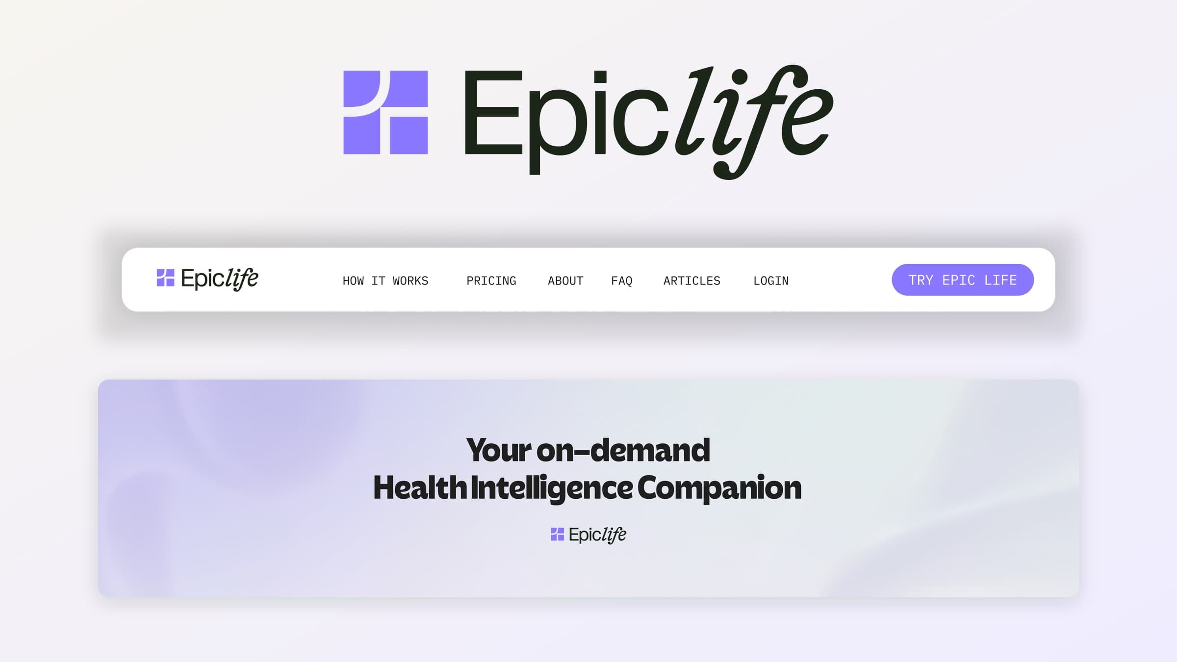 Epic Life identity system: the logo, the navigation header and the "Your on-demand Health Intelligence Companion" hero banner