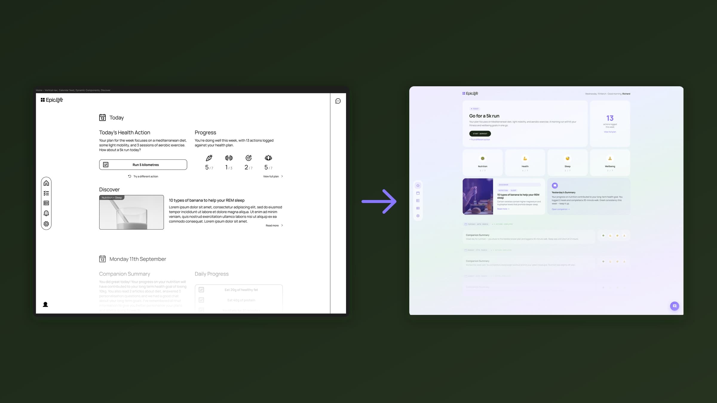 The Epic Life app dashboard as a wireframe beside the finished UI design