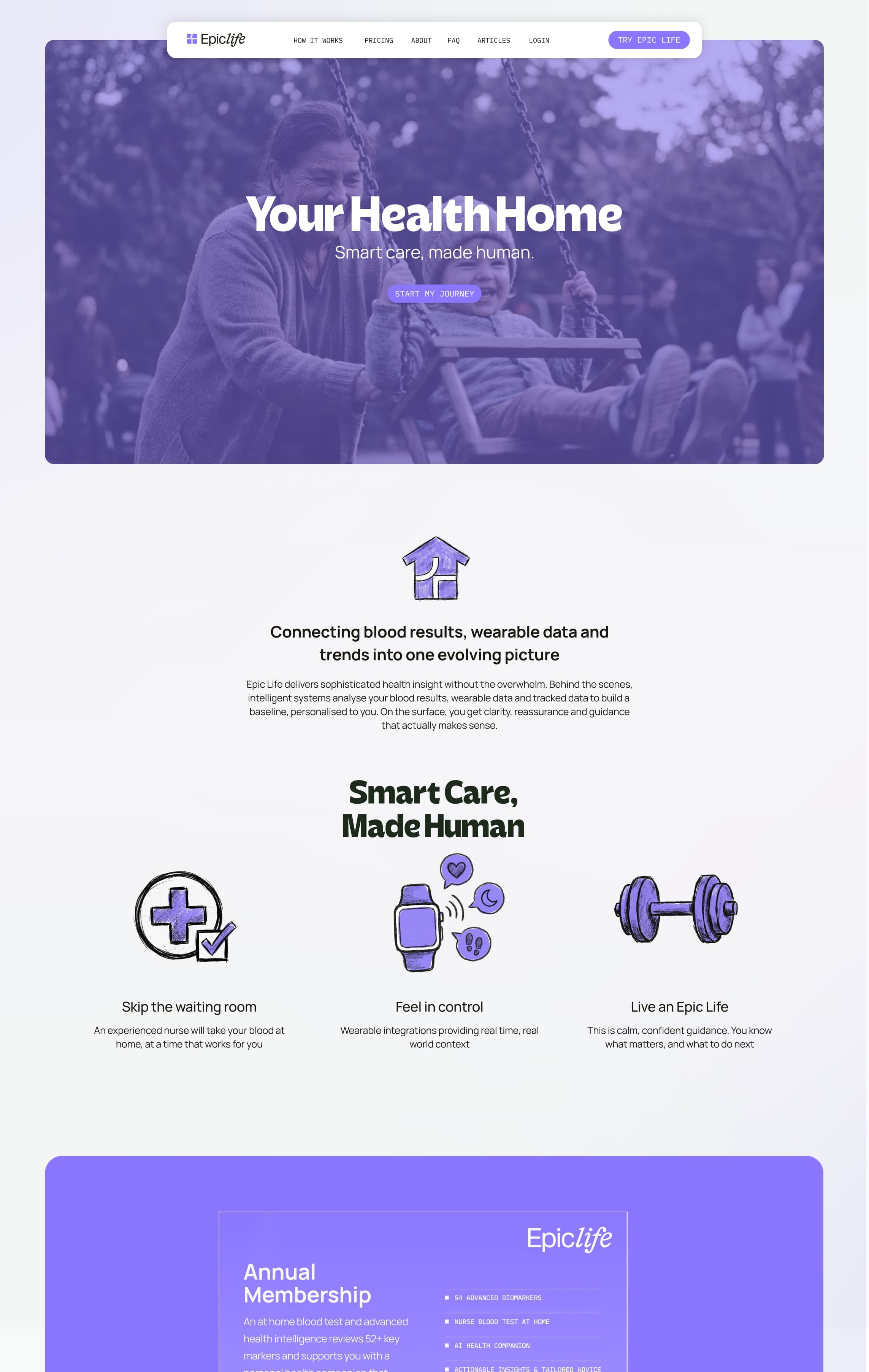 The full Epic Life homepage designed by OOB: "Your Health Home. Smart care, made human.", the Smart Care, Made Human illustrations and the annual membership offer